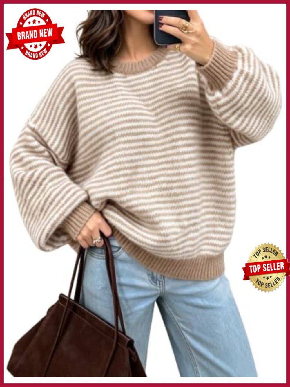 Oversized Color Block Sweater Crewneck Lantern Sleeve Knit Pullover